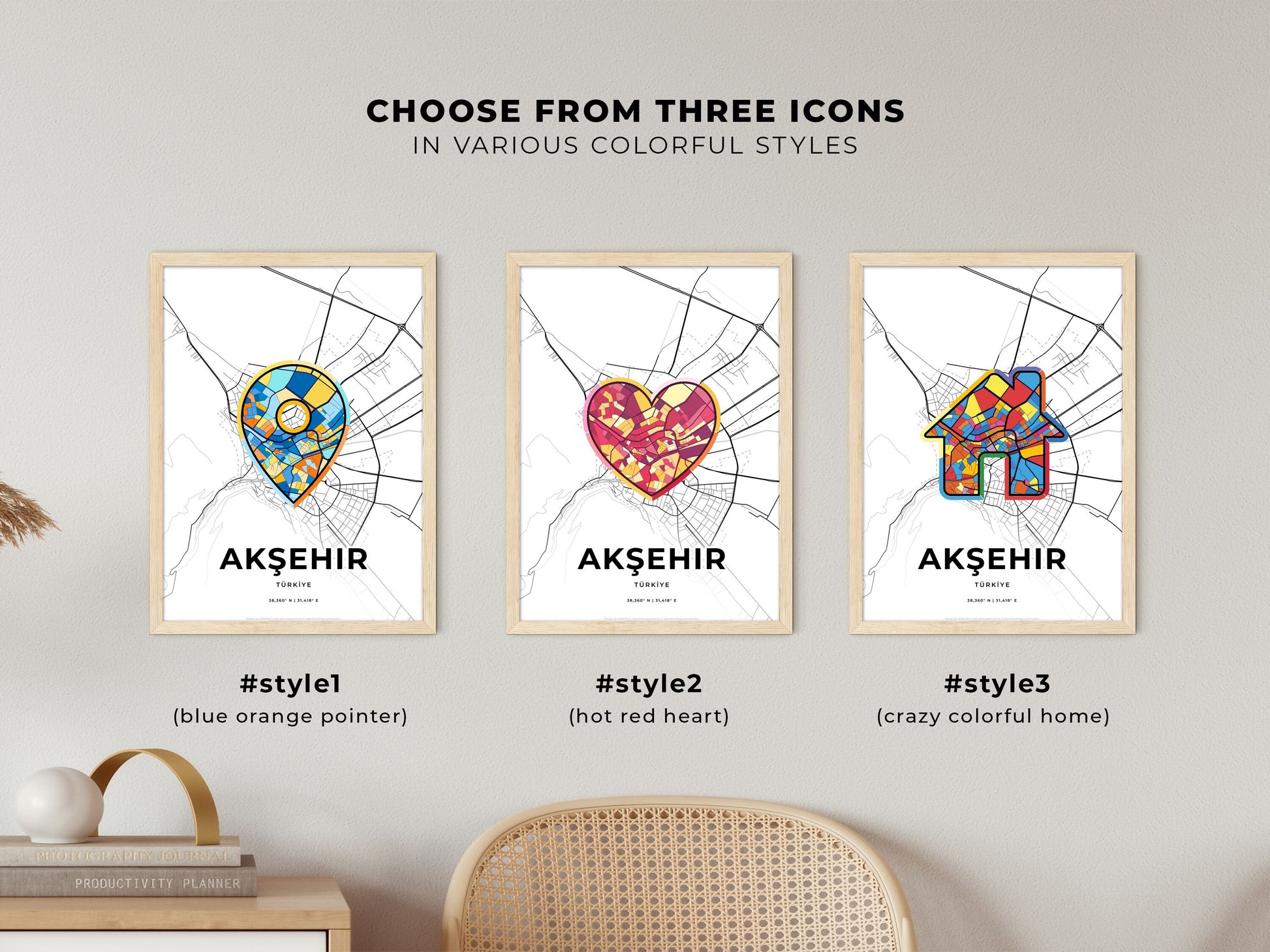 AKŞEHIR TURKEY minimal art map with a colorful icon. Where it all began, Couple map gift.