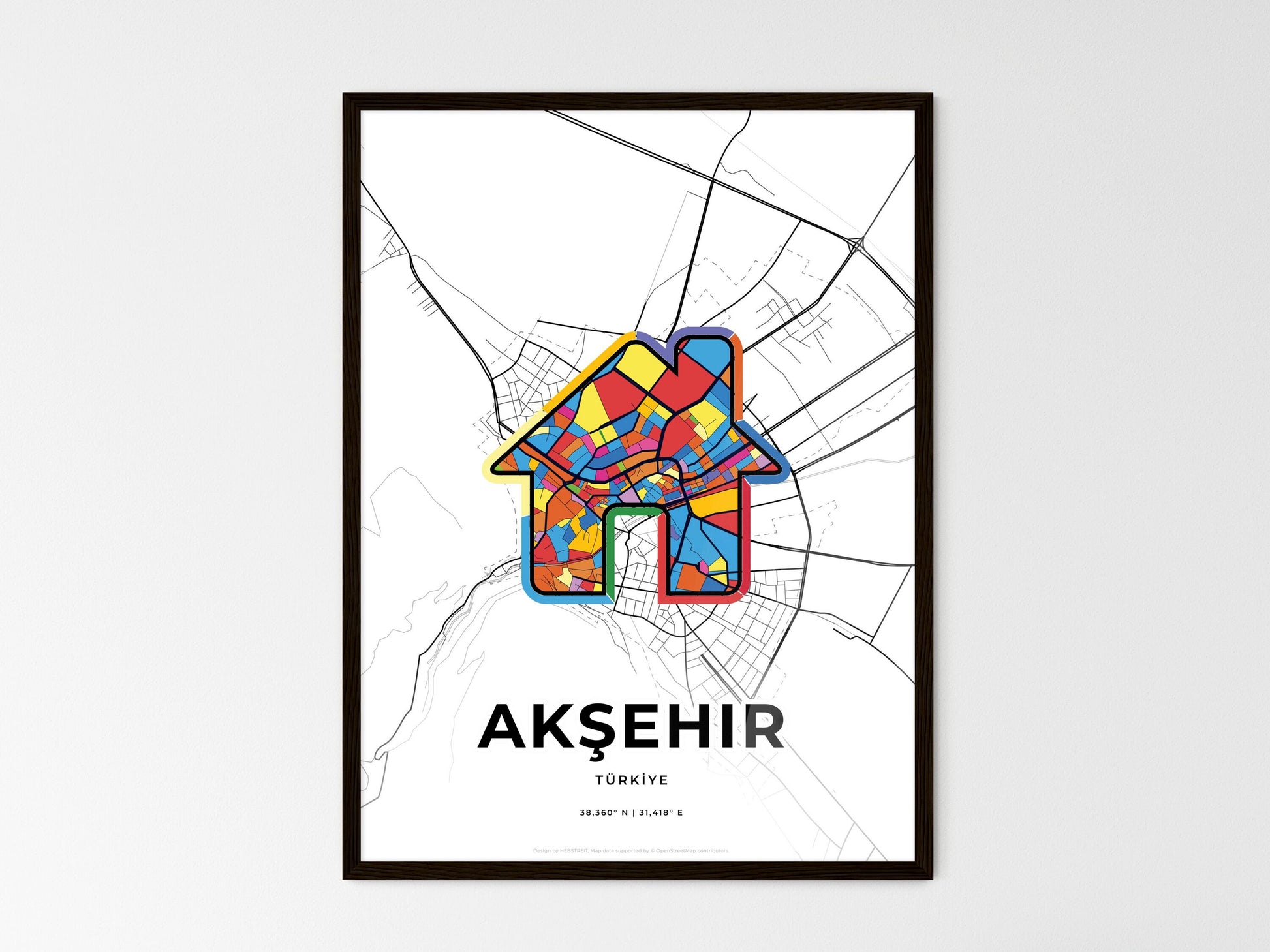 AKŞEHIR TURKEY minimal art map with a colorful icon. Where it all began, Couple map gift. Style 3