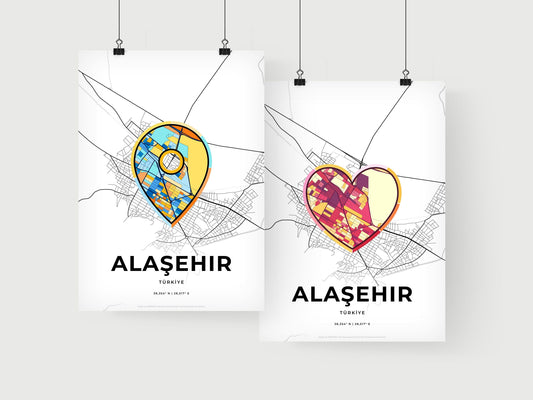 ALAŞEHIR TURKEY minimal art map with a colorful icon. Where it all began, Couple map gift.