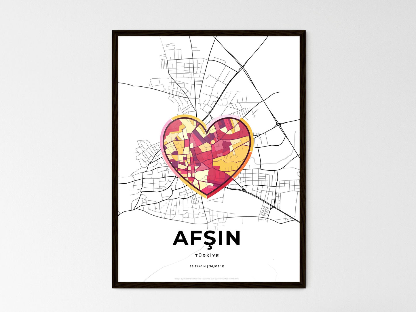 AFŞIN TURKEY minimal art map with a colorful icon. Where it all began, Couple map gift. Style 2