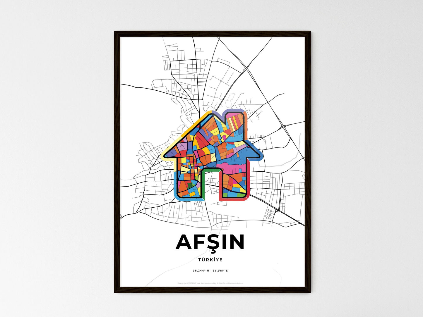 AFŞIN TURKEY minimal art map with a colorful icon. Where it all began, Couple map gift. Style 3