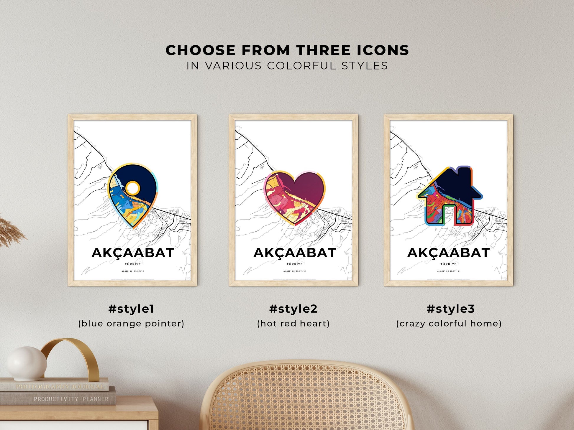 AKÇAABAT TURKEY minimal art map with a colorful icon. Where it all began, Couple map gift.