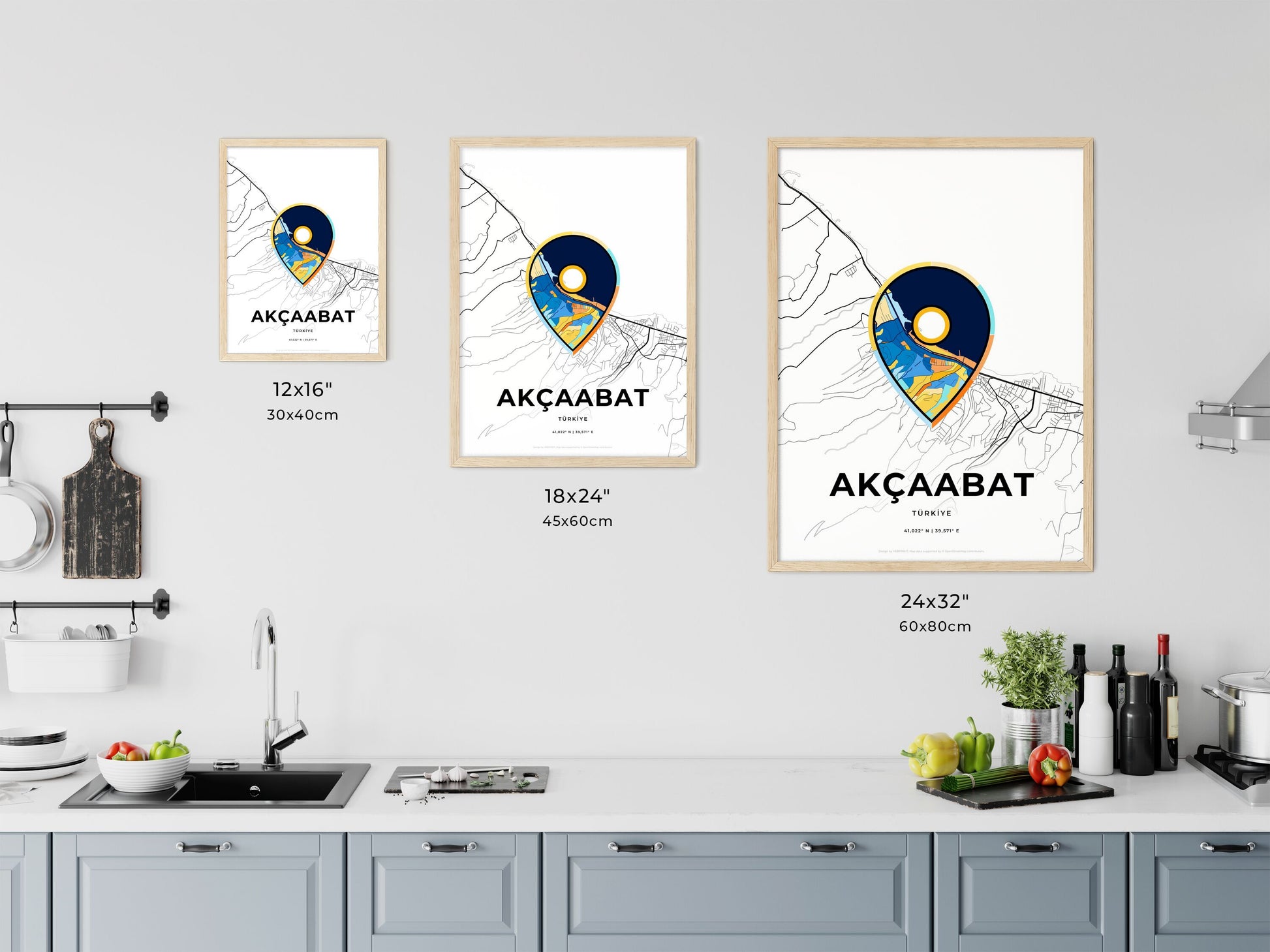 AKÇAABAT TURKEY minimal art map with a colorful icon. Where it all began, Couple map gift.