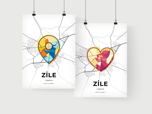 ZILE TURKEY minimal art map with a colorful icon. Where it all began, Couple map gift.