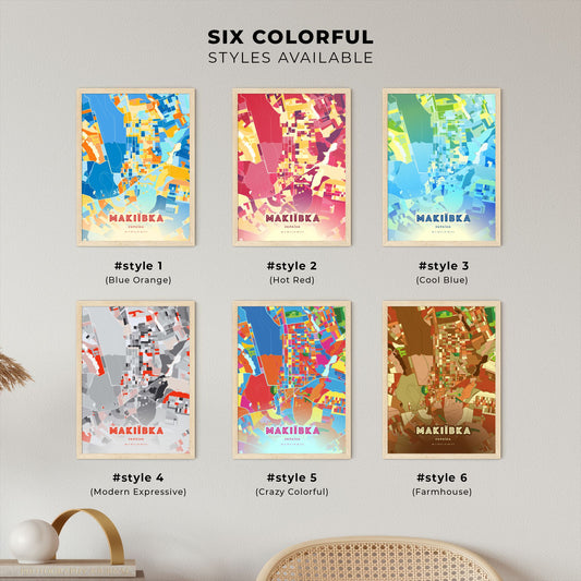 Colorful MAKIIVKA UKRAINE Fine Art Map Blue Orange