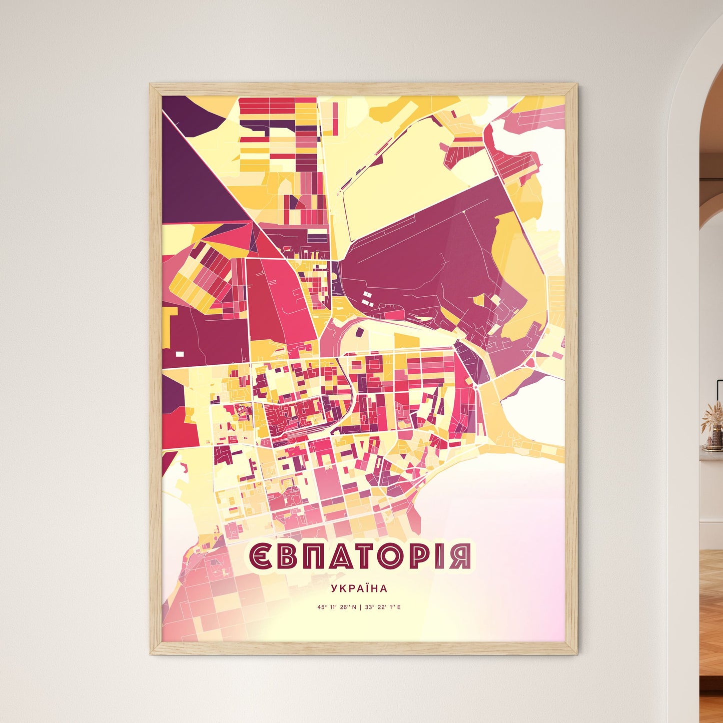 Colorful YEVPATORIA UKRAINE Fine Art Map Hot Red