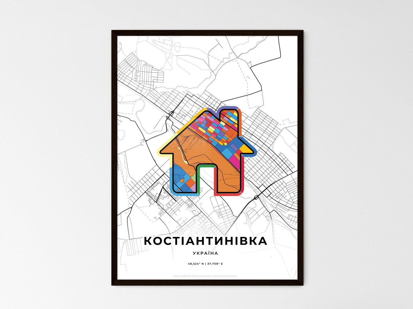 Kostiantynivka Ukraine wedding art map with home icon
