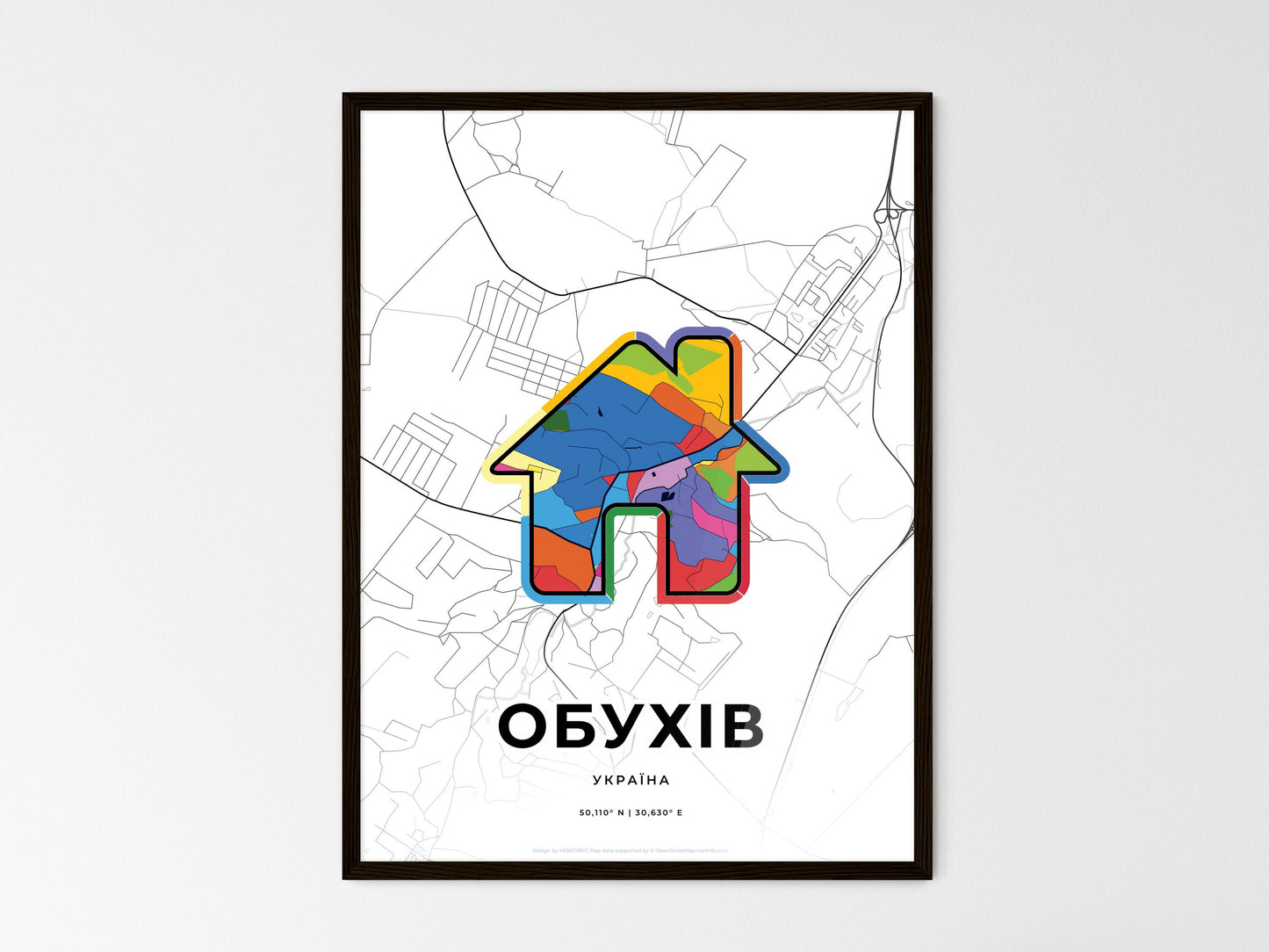 Obukhiv Ukraine wedding art map with home icon
