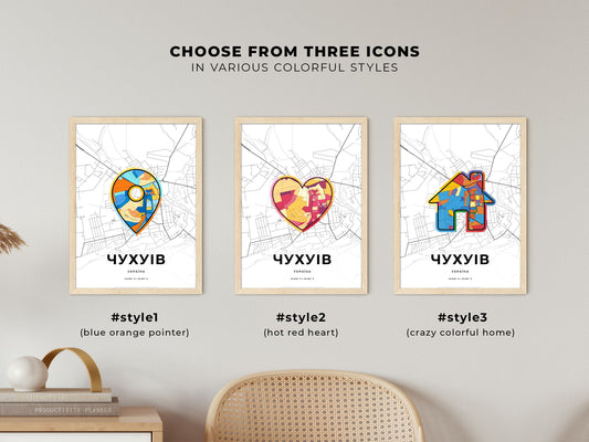 Chuhuiv Ukraine maps with colorful icons