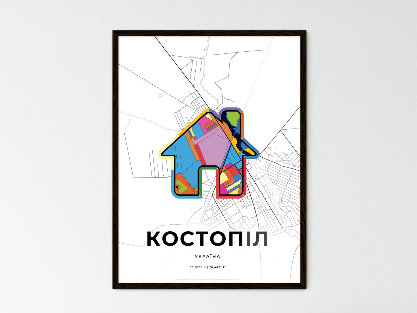 Kostopil Ukraine wedding art map with home icon