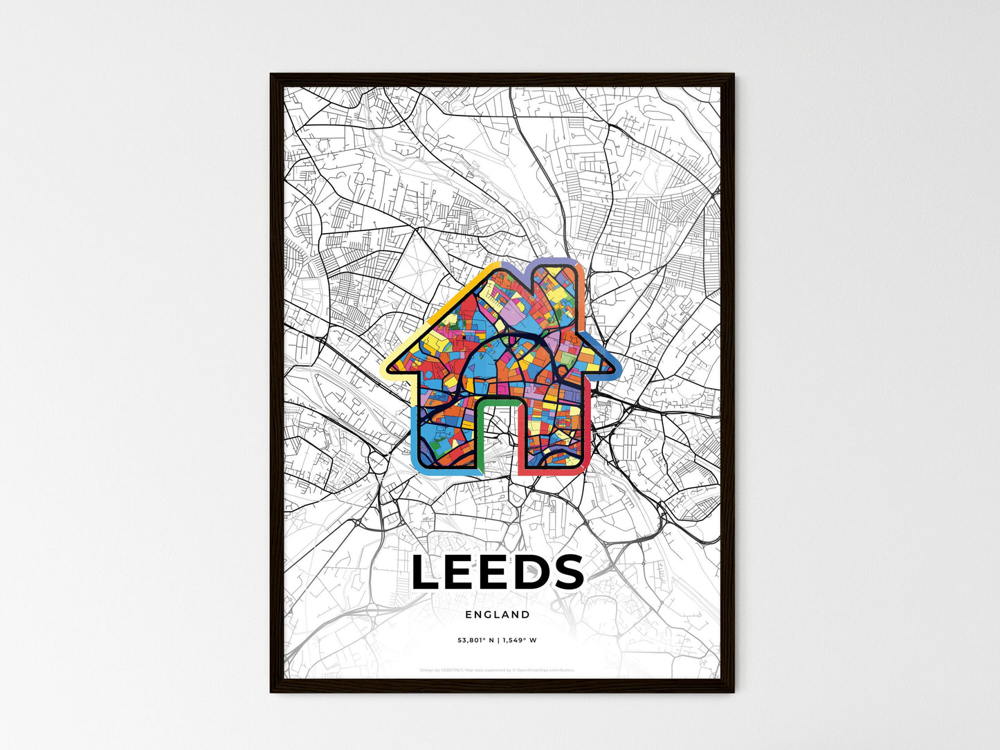Leeds England wedding art map with home icon