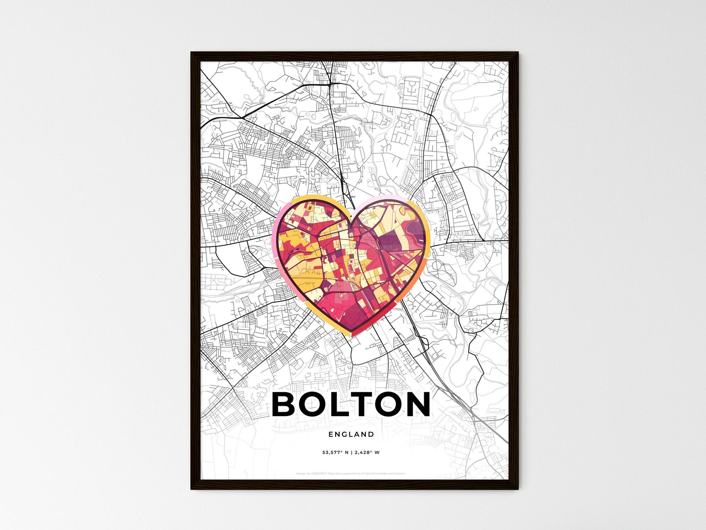 Bolton England wedding art map with heart icon