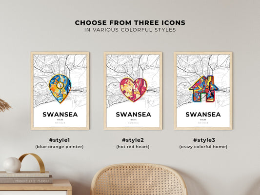 Swansea Wales maps with colorful icons