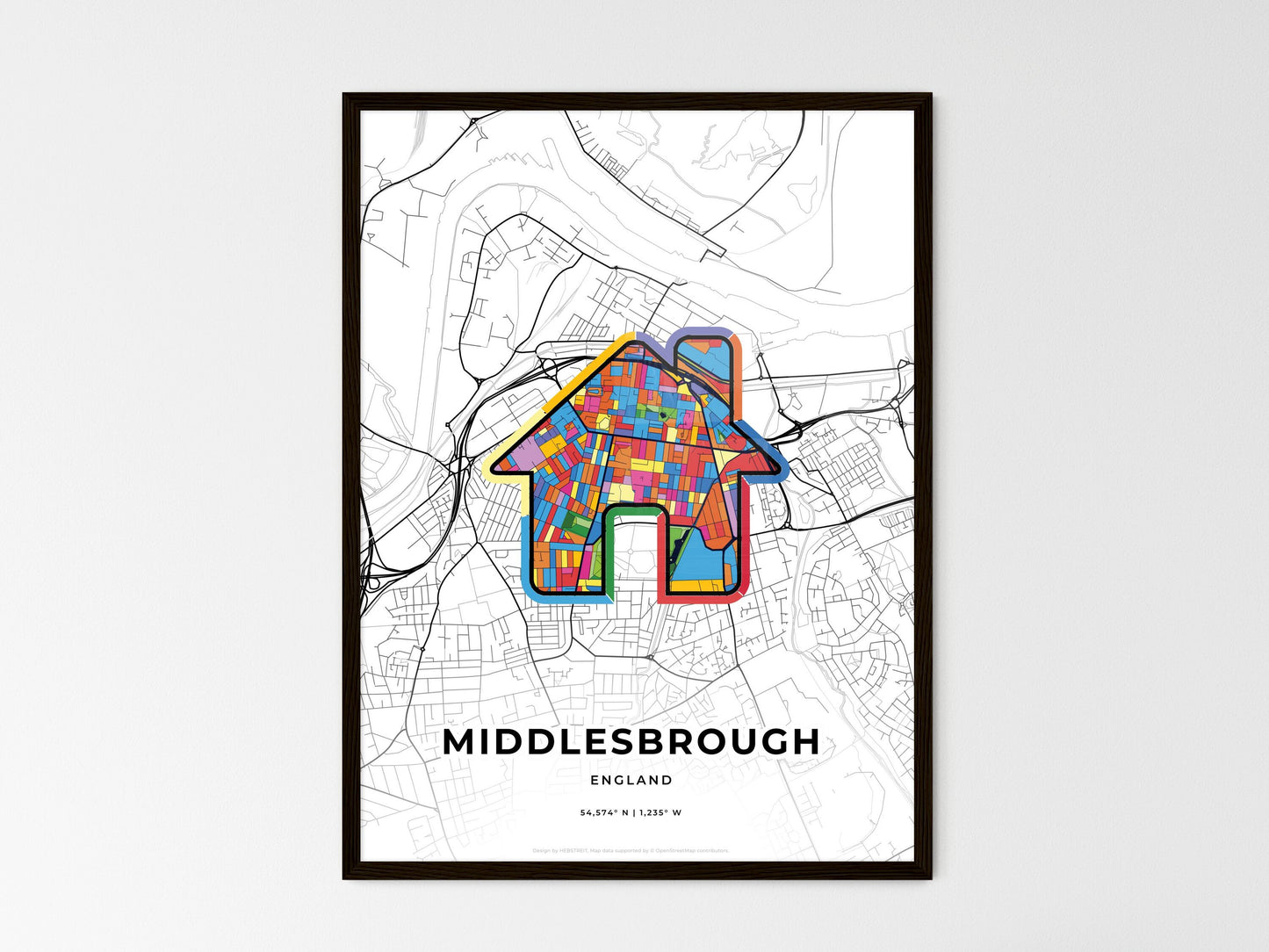 Middlesbrough England wedding art map with home icon