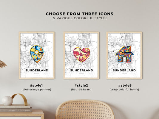 Sunderland England maps with colorful icons