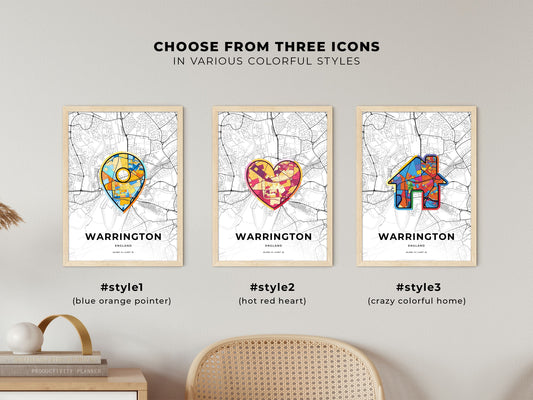 Warrington England maps with colorful icons