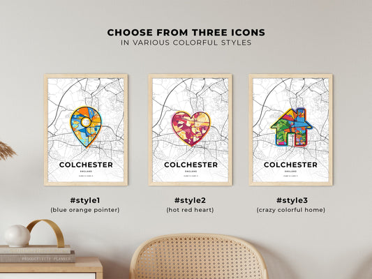 Colchester England maps with colorful icons