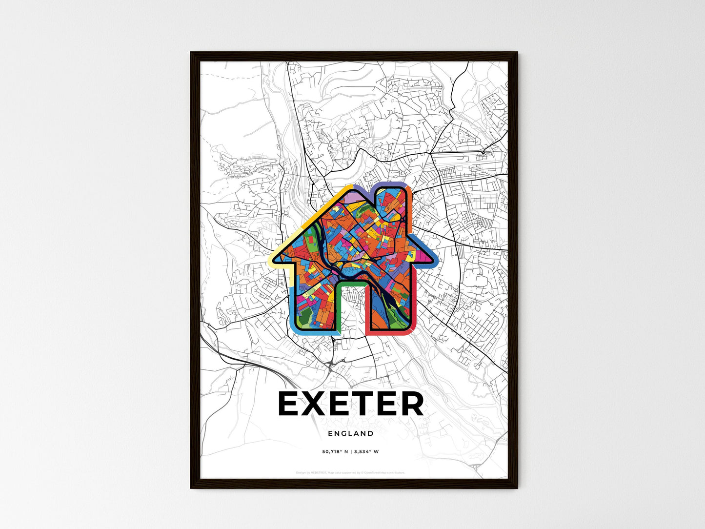 Exeter England wedding art map with home icon