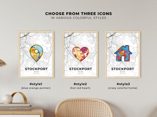Stockport England maps with colorful icons