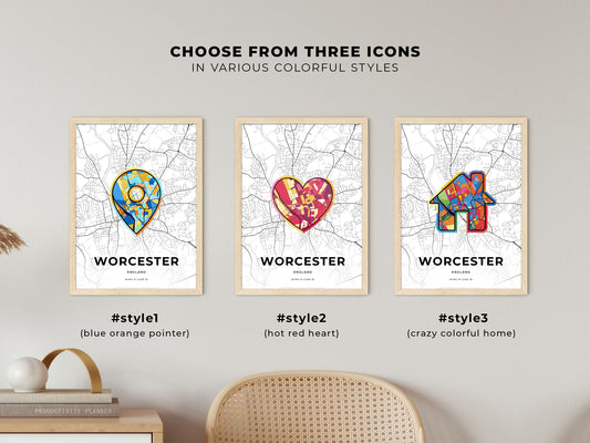 Worcester England maps with colorful icons