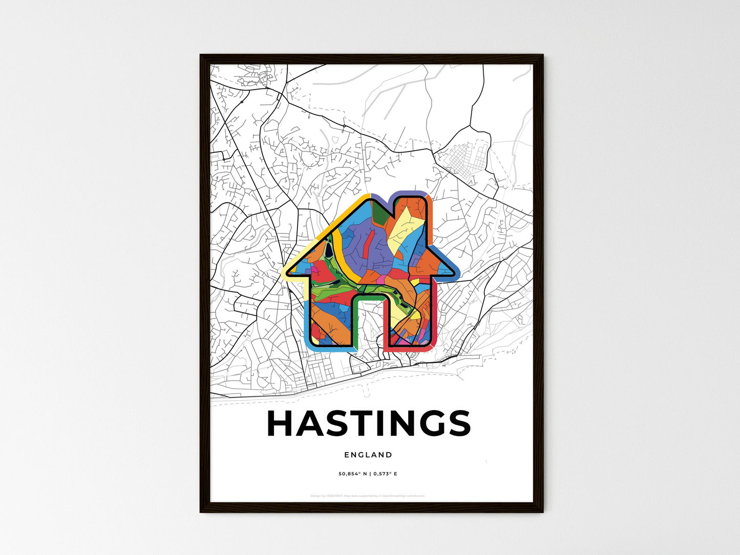 Hastings England wedding art map with home icon