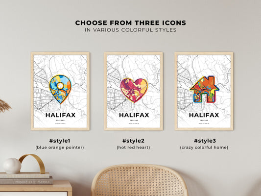 Halifax England maps with colorful icons