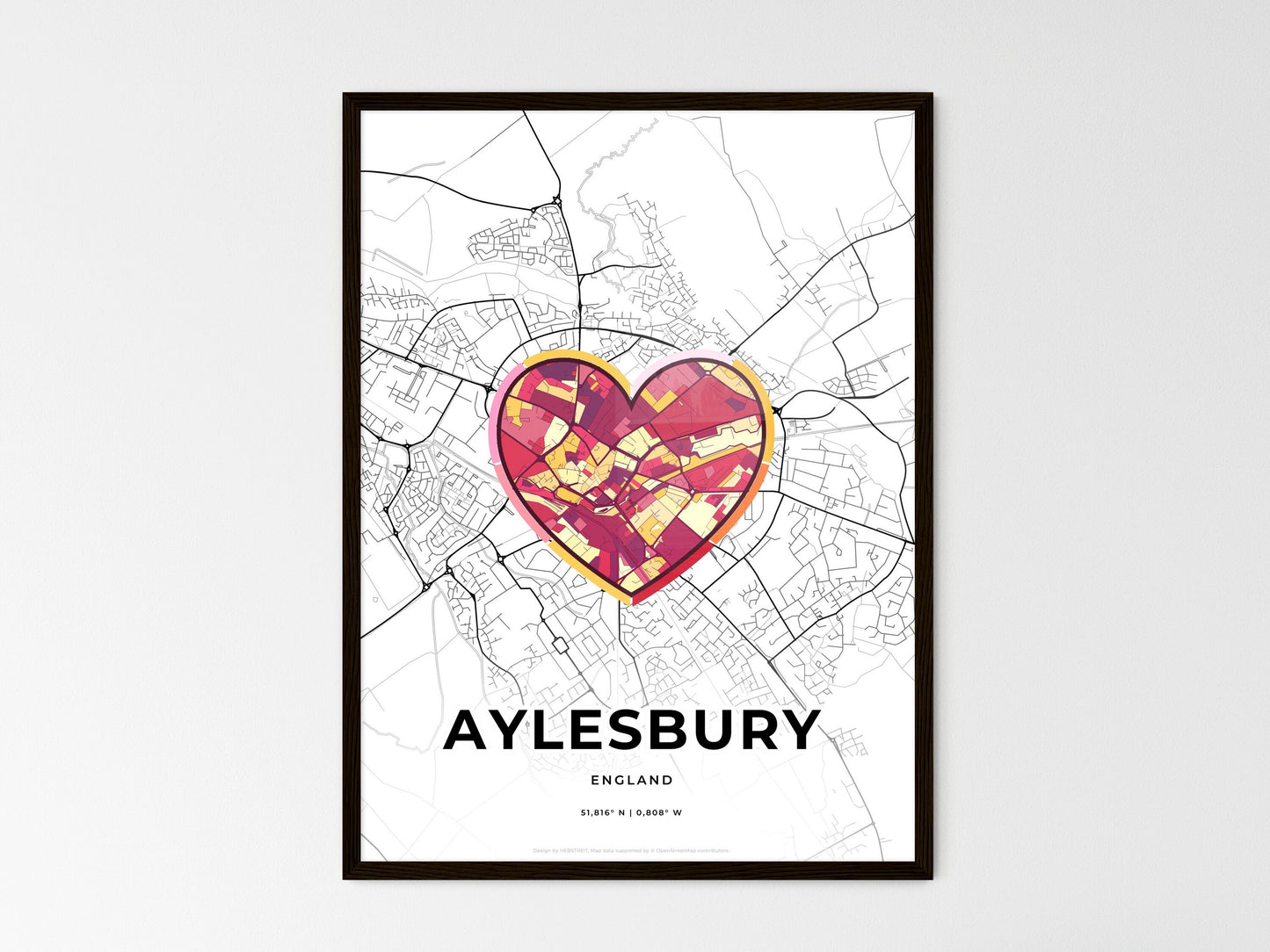 Aylesbury England wedding art map with heart icon