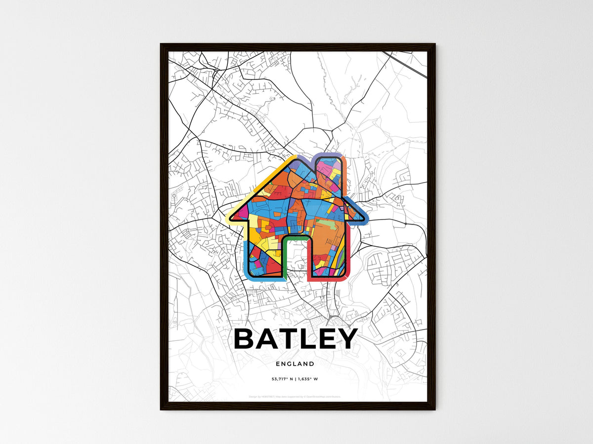 Batley England wedding art map with home icon
