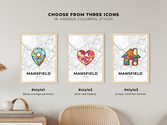 Mansfield England maps with colorful icons