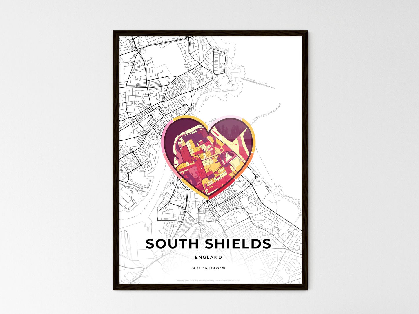 South Shields England wedding art map with heart icon