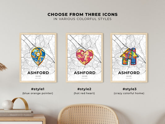 Ashford England maps with colorful icons
