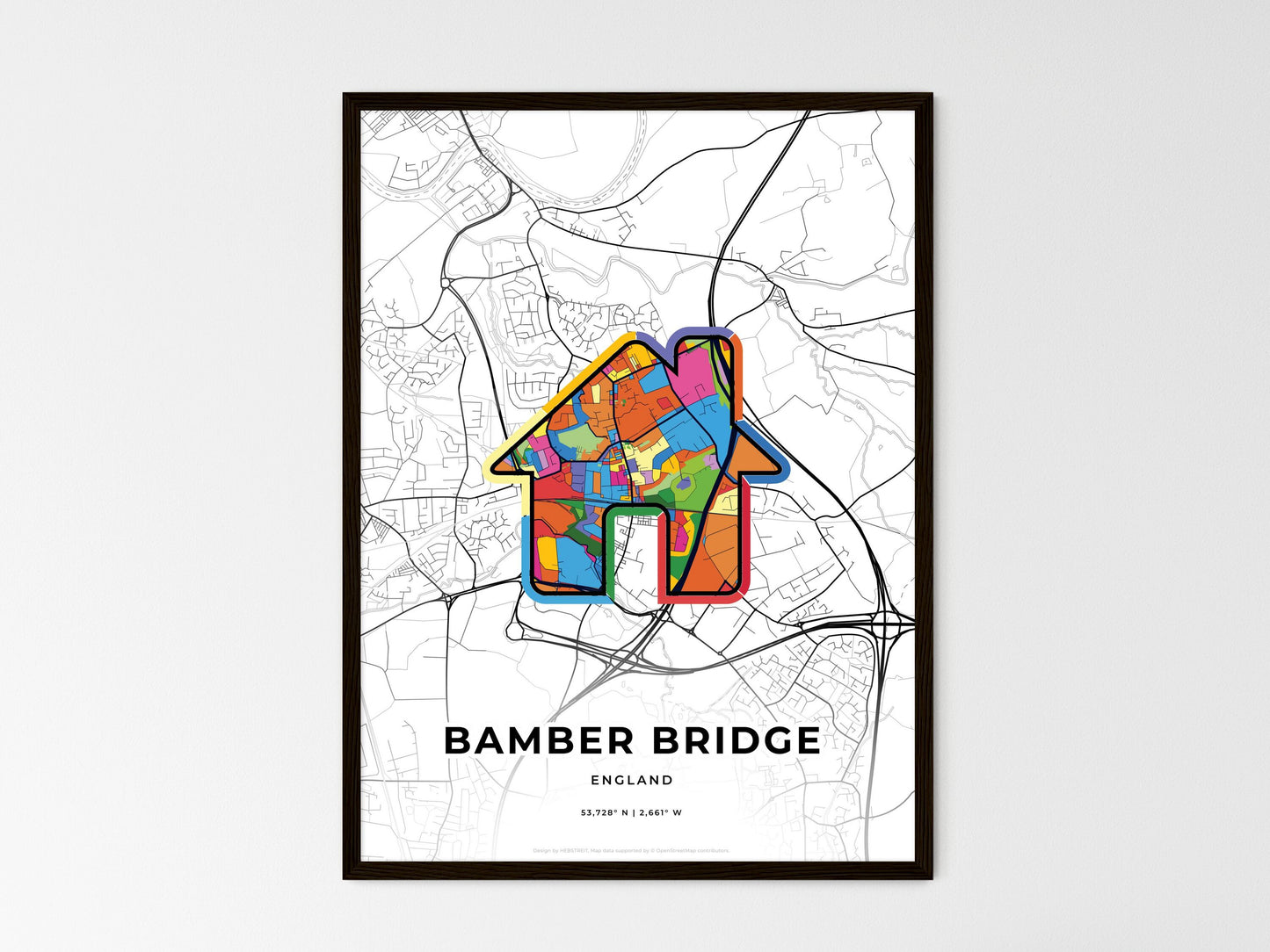 Bamber Bridge England wedding art map with home icon