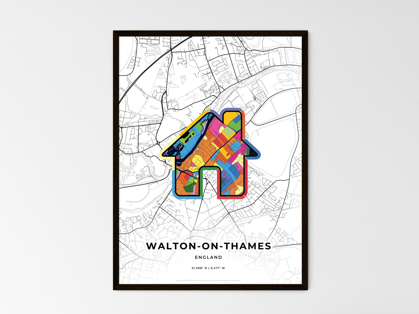 Walton-On-Thames England wedding art map with home icon