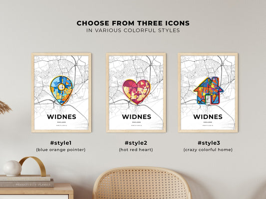 Widnes England maps with colorful icons
