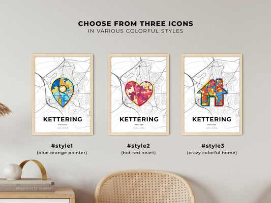 Kettering England maps with colorful icons