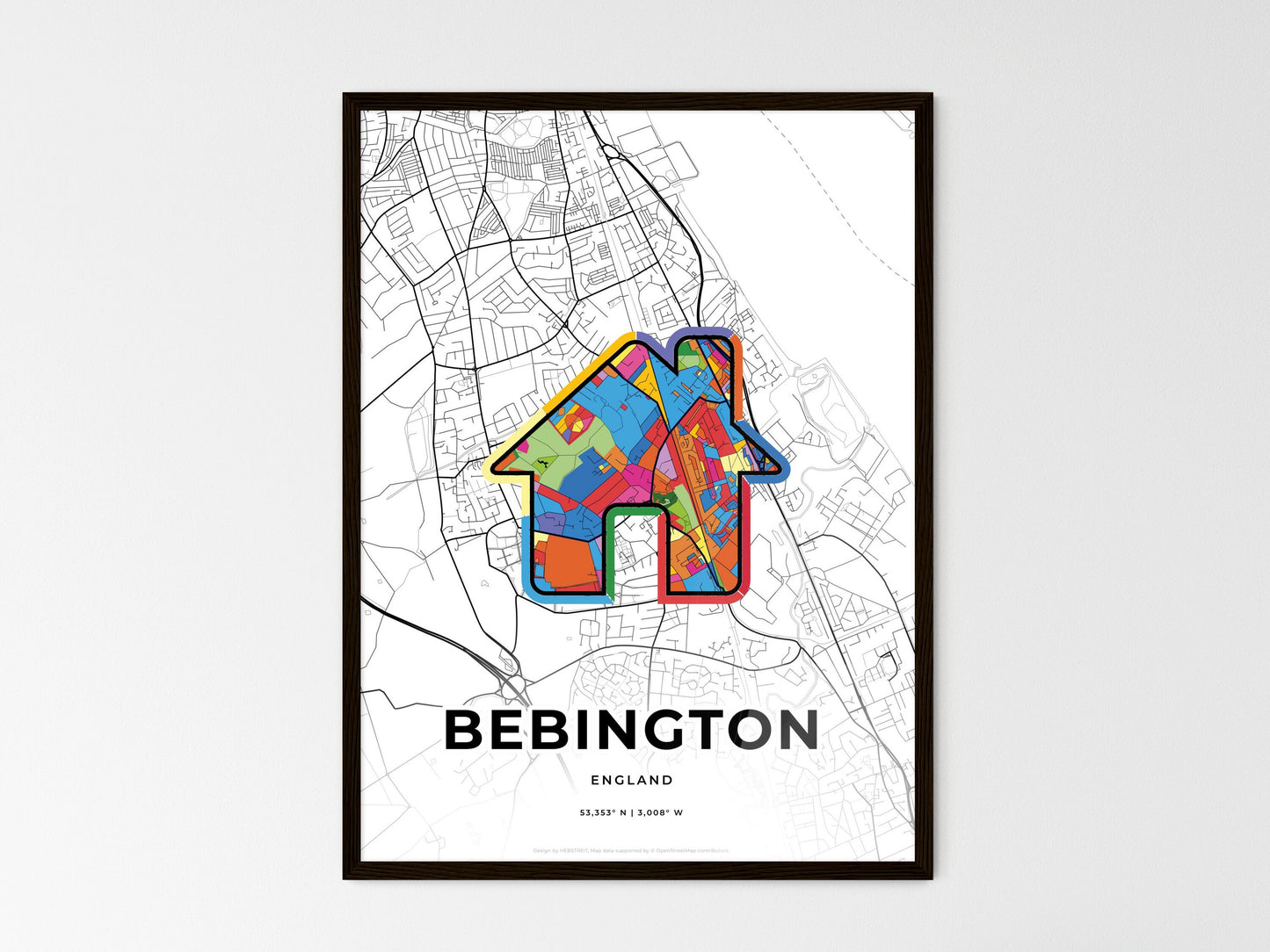 Bebington England wedding art map with home icon