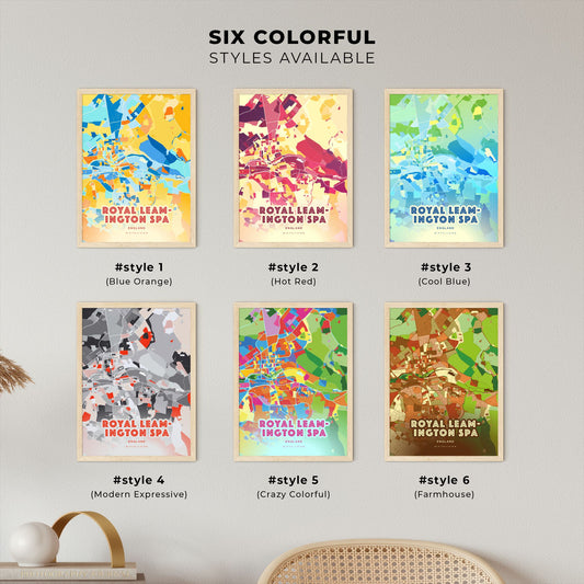 Colorful ROYAL LEAMINGTON SPA ENGLAND Fine Art Map Blue Orange