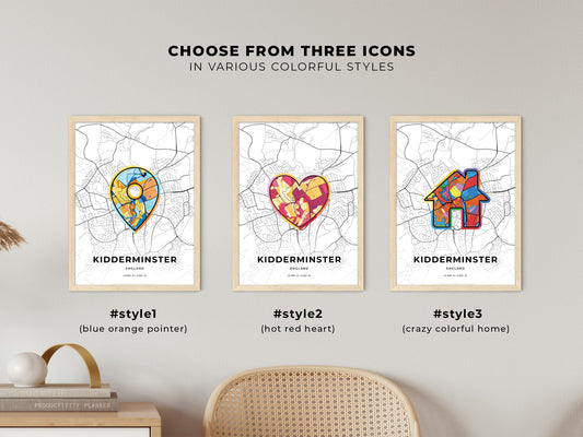 Kidderminster England maps with colorful icons
