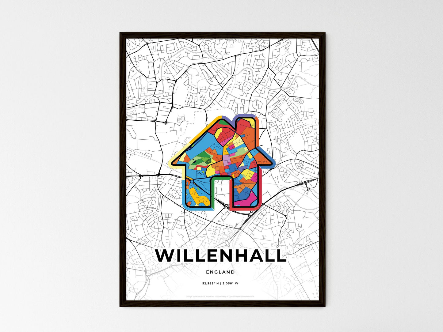 Willenhall England wedding art map with home icon