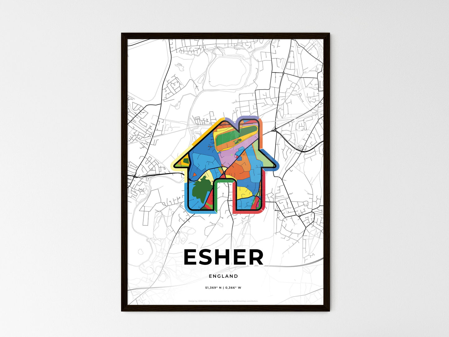 Esher England wedding art map with home icon