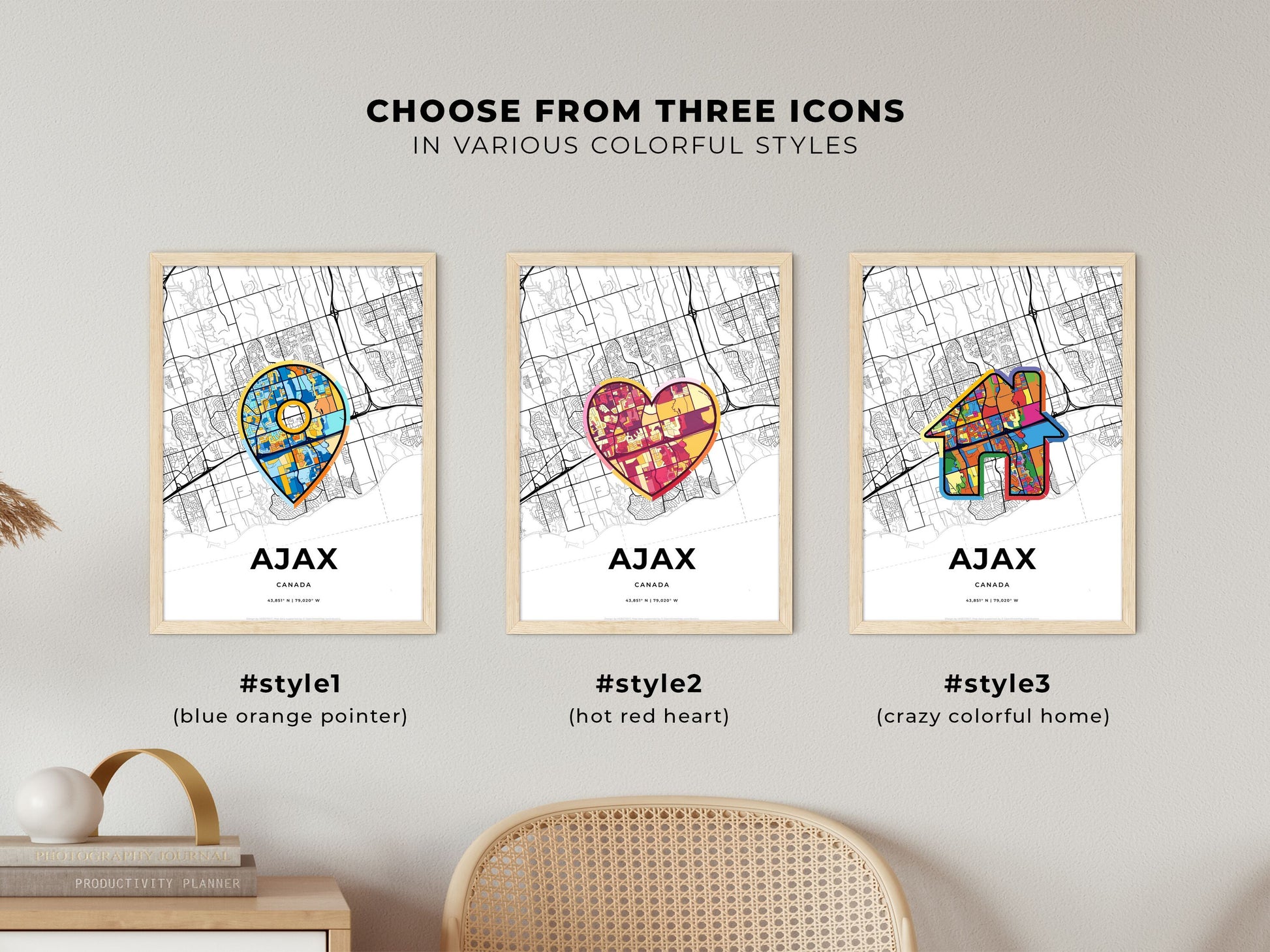 AJAX CANADA minimal art map with a colorful icon. Where it all began, Couple map gift.