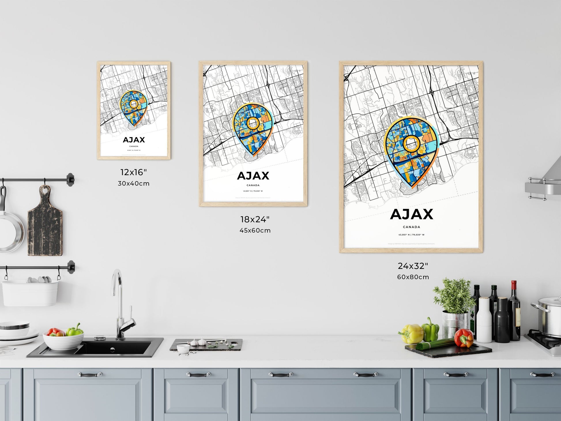 AJAX CANADA minimal art map with a colorful icon. Where it all began, Couple map gift.