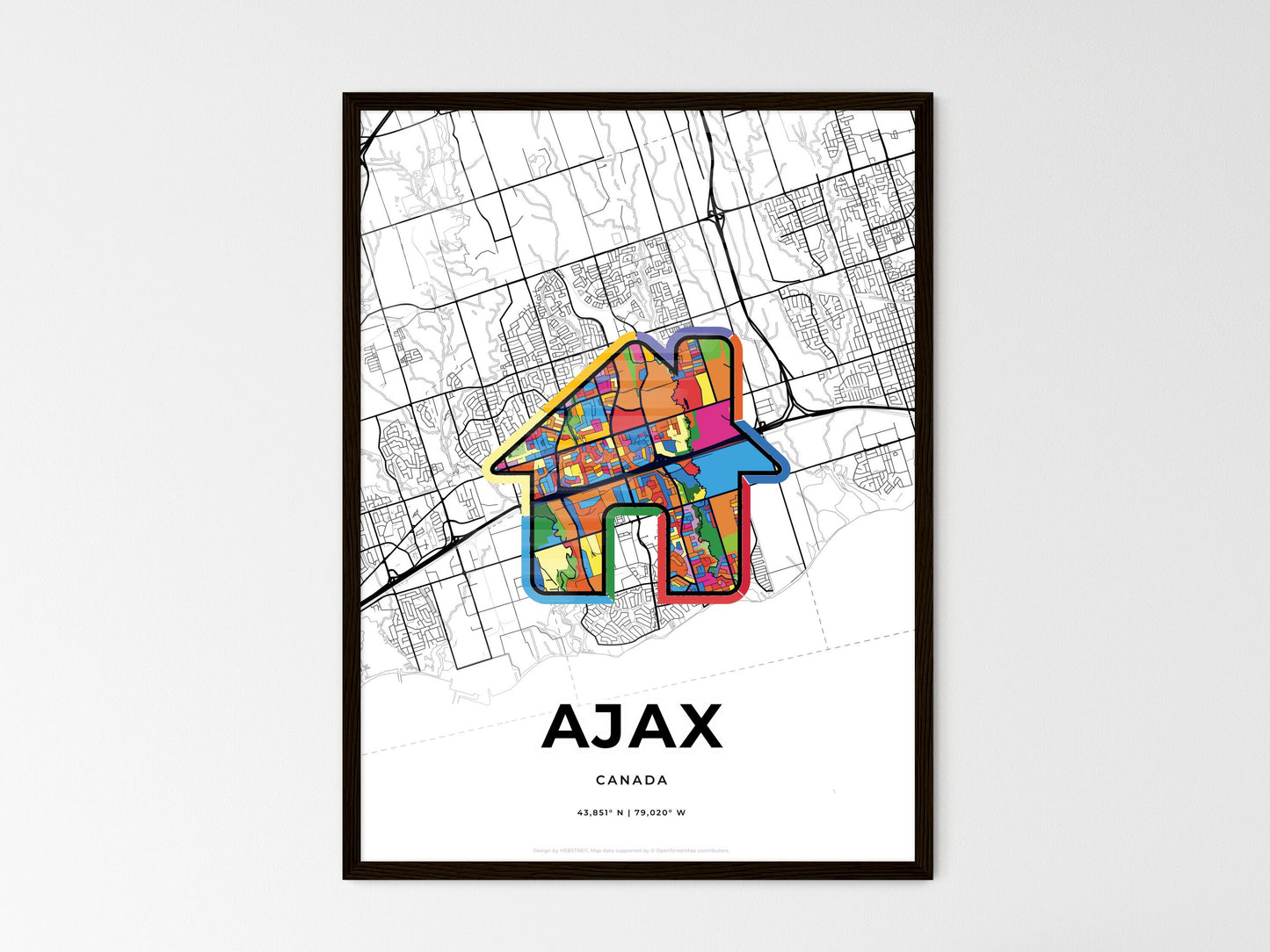 AJAX CANADA minimal art map with a colorful icon. Where it all began, Couple map gift. Style 3