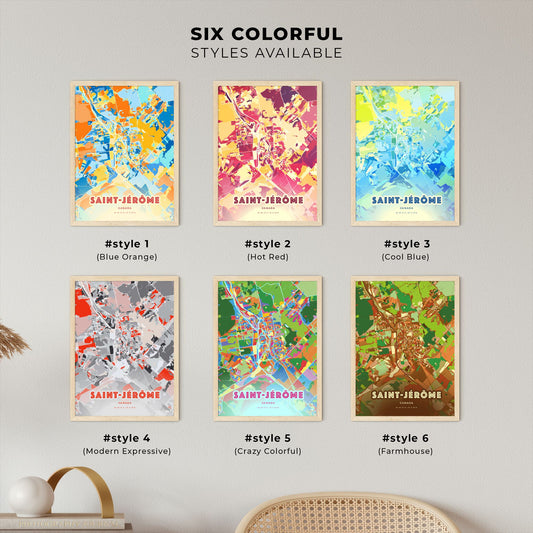 Colorful SAINT-JÉRÔME CANADA Fine Art Map Blue Orange