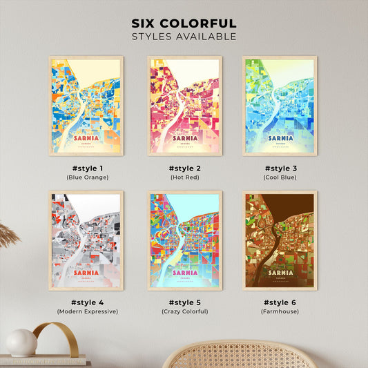 Colorful SARNIA CANADA Fine Art Map Blue Orange