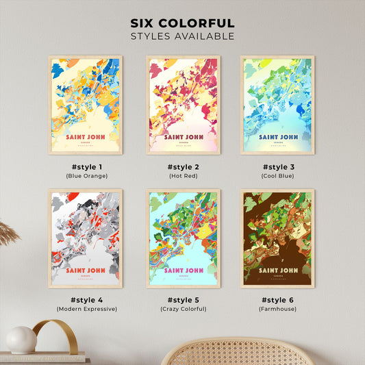 Colorful SAINT JOHN CANADA Fine Art Map Blue Orange