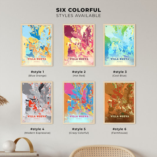 Colorful VILLA NUEVA GUATEMALA Fine Art Map Blue Orange