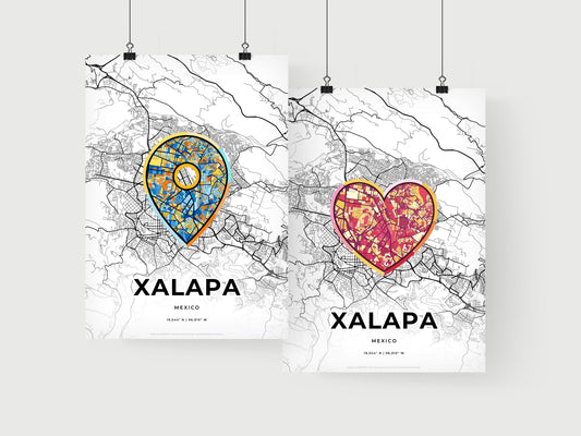 XALAPA MEXICO minimal art map with a colorful icon. Where it all began, Couple map gift.
