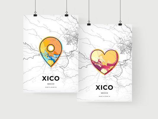 XICO MEXICO minimal art map with a colorful icon. Where it all began, Couple map gift.