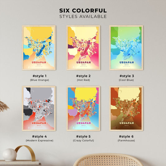 Colorful URUAPAN MEXICO Fine Art Map Blue Orange
